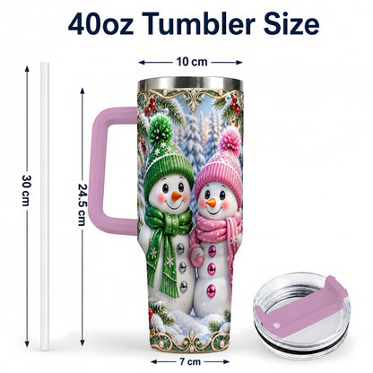 #pl[40oz|Pink] Snowman Couple 40oz Tumbler with Handle, Winter Stainless Steel Cup