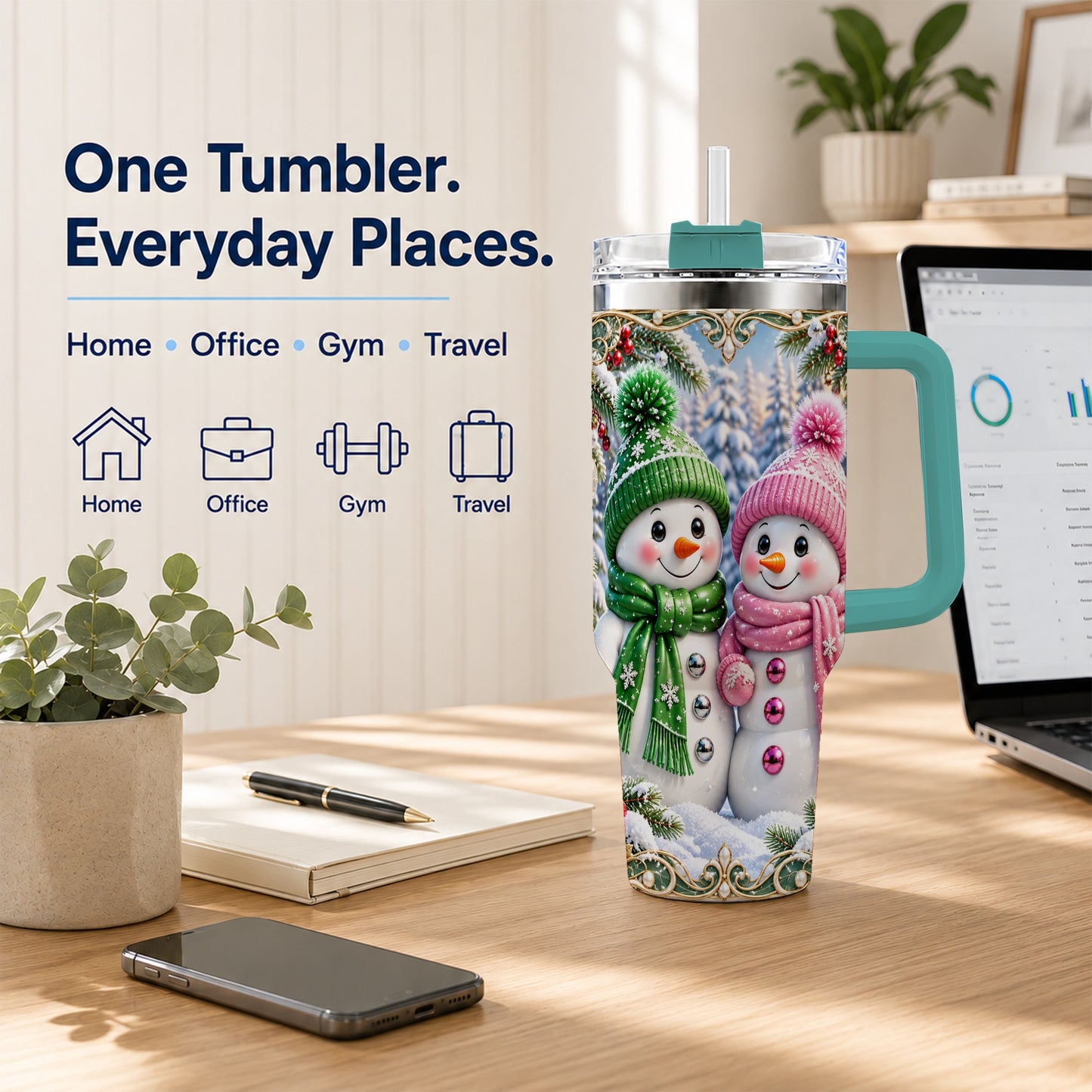 #pl[40oz|Green] Snowman Couple 40oz Tumbler with Handle, Winter Stainless Steel Cup