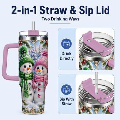 #pl[40oz|Pink] Snowman Couple 40oz Tumbler with Handle, Winter Stainless Steel Cup