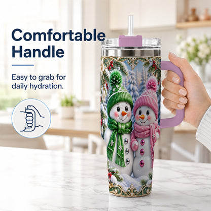 #pl[40oz|Pink] Snowman Couple 40oz Tumbler with Handle, Winter Stainless Steel Cup