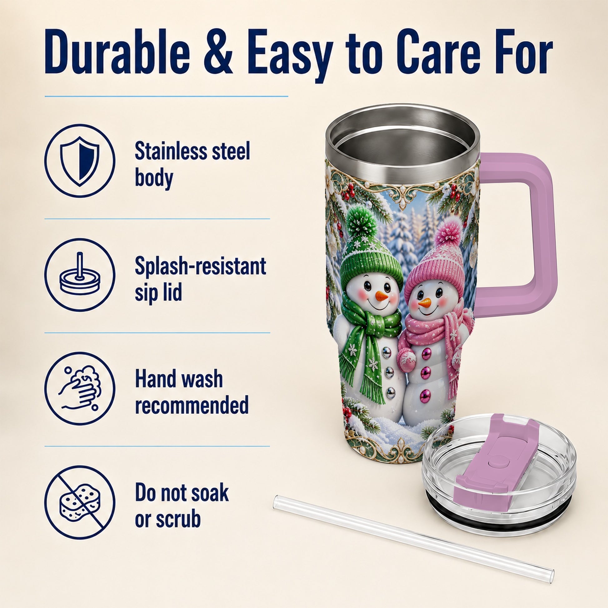 #pl[40oz|Pink] Snowman Couple 40oz Tumbler with Handle, Winter Stainless Steel Cup
