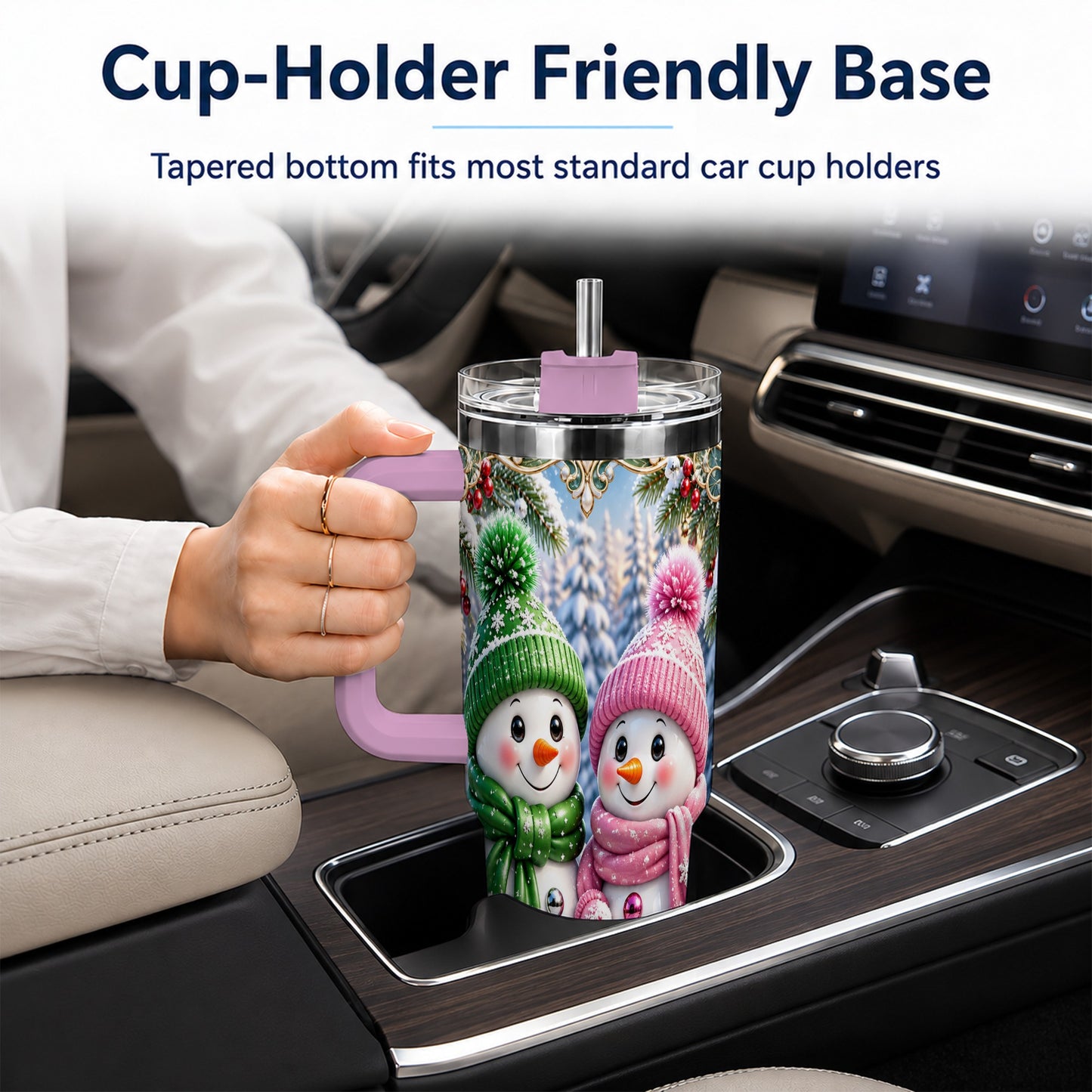 #pl[40oz|Pink] Snowman Couple 40oz Tumbler with Handle, Winter Stainless Steel Cup