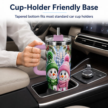 #pl[40oz|Pink] Snowman Couple 40oz Tumbler with Handle, Winter Stainless Steel Cup