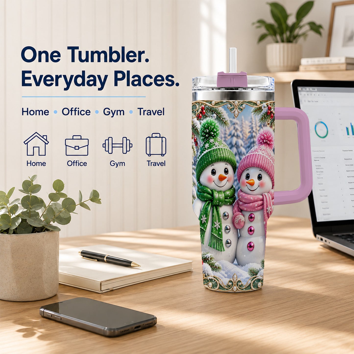 #pl[40oz|Pink] Snowman Couple 40oz Tumbler with Handle, Winter Stainless Steel Cup