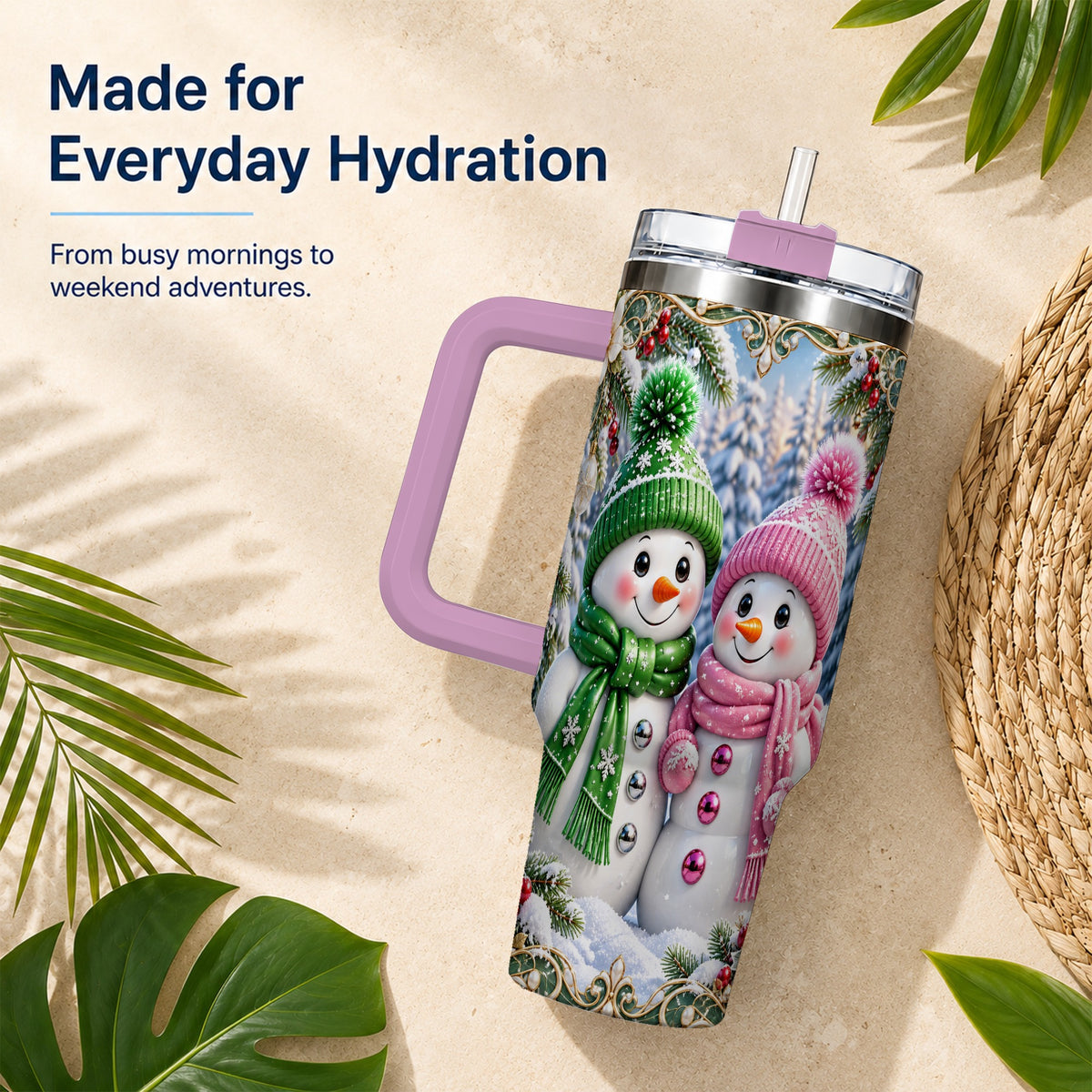 #pl[40oz|Pink] Snowman Couple 40oz Tumbler with Handle, Winter Stainless Steel Cup