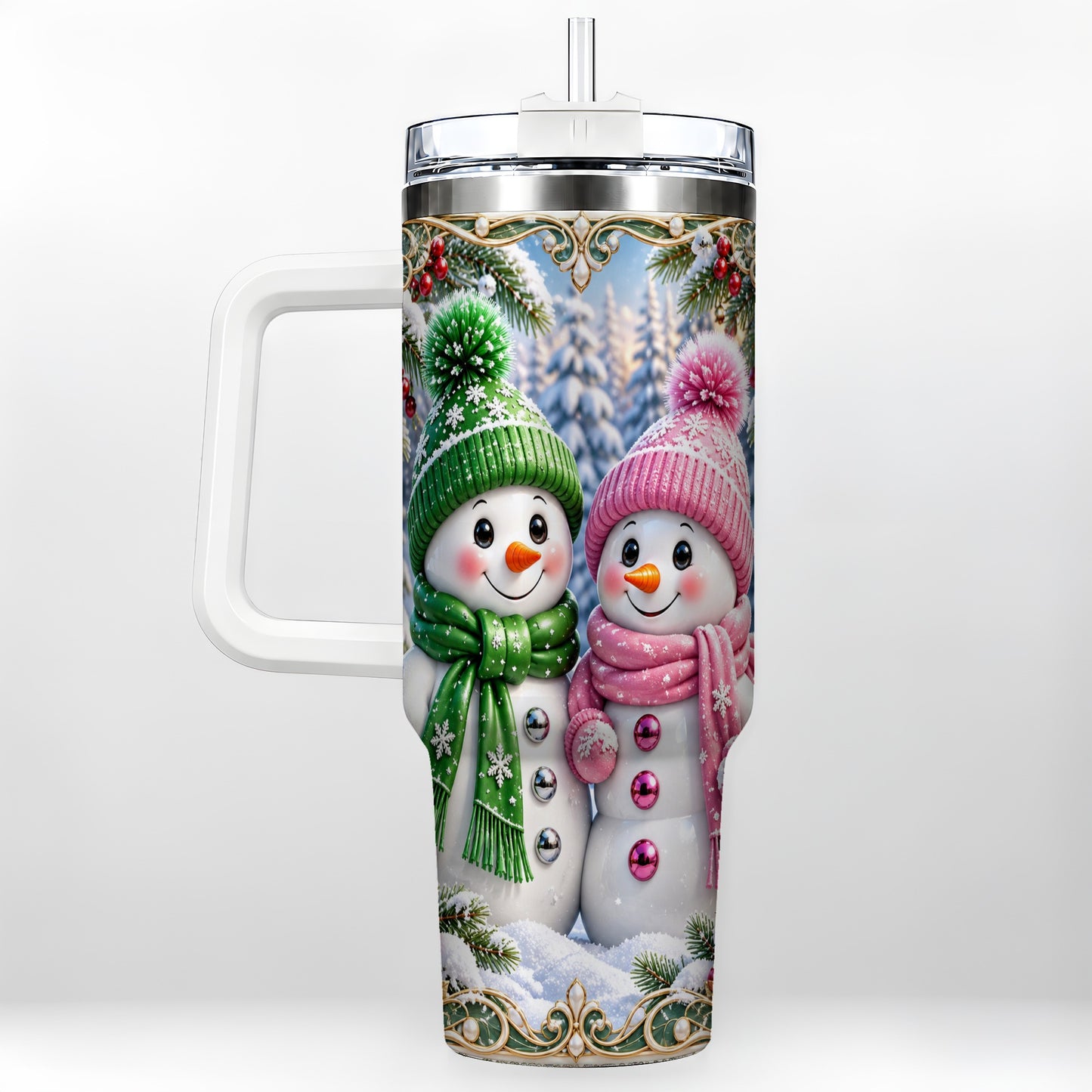 Snowman Couple 40oz Tumbler with Handle, Winter Stainless Steel Cup
