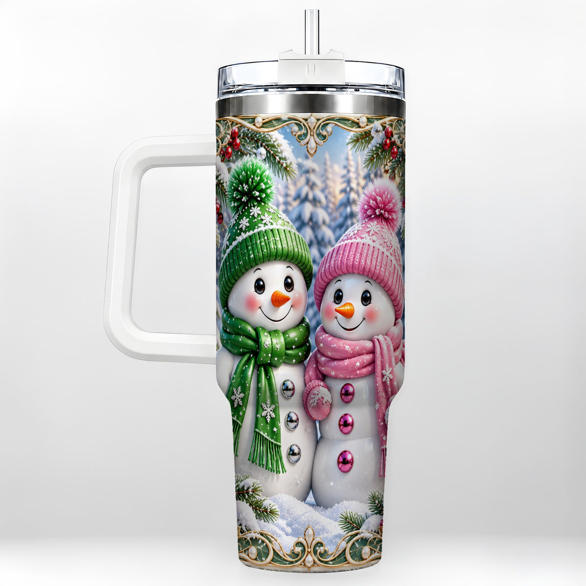 Snowman Couple 40oz Tumbler with Handle, Winter Stainless Steel Cup
