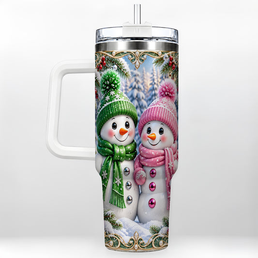 Snowman Couple 40oz Tumbler with Handle, Winter Stainless Steel Cup