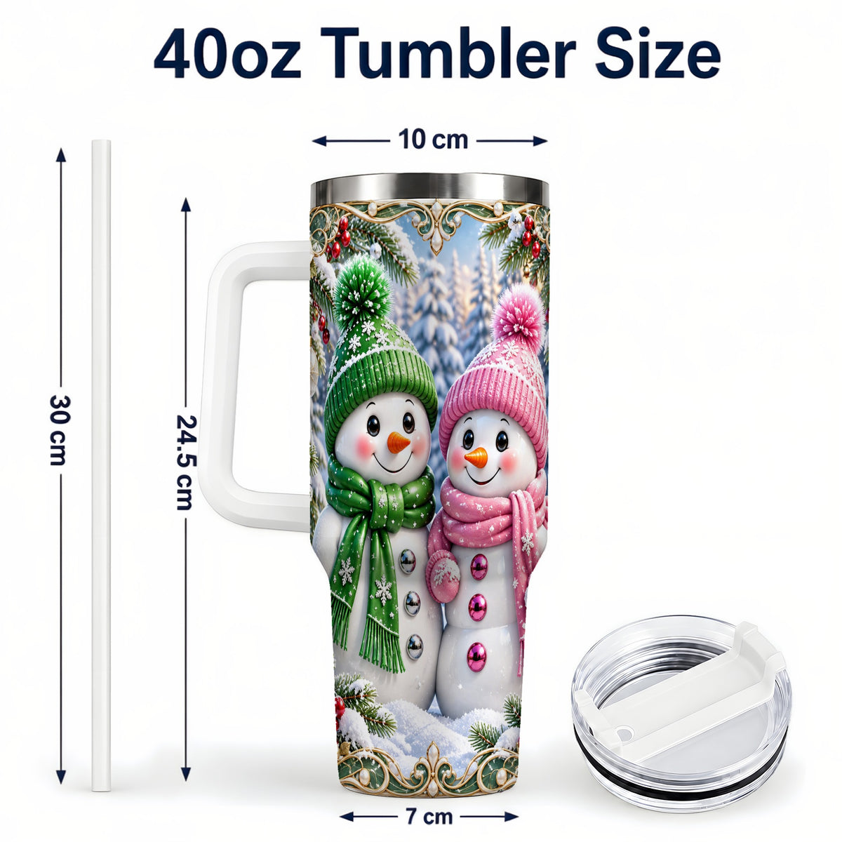 #pl[40oz|White] Snowman Couple 40oz Tumbler with Handle, Winter Stainless Steel Cup