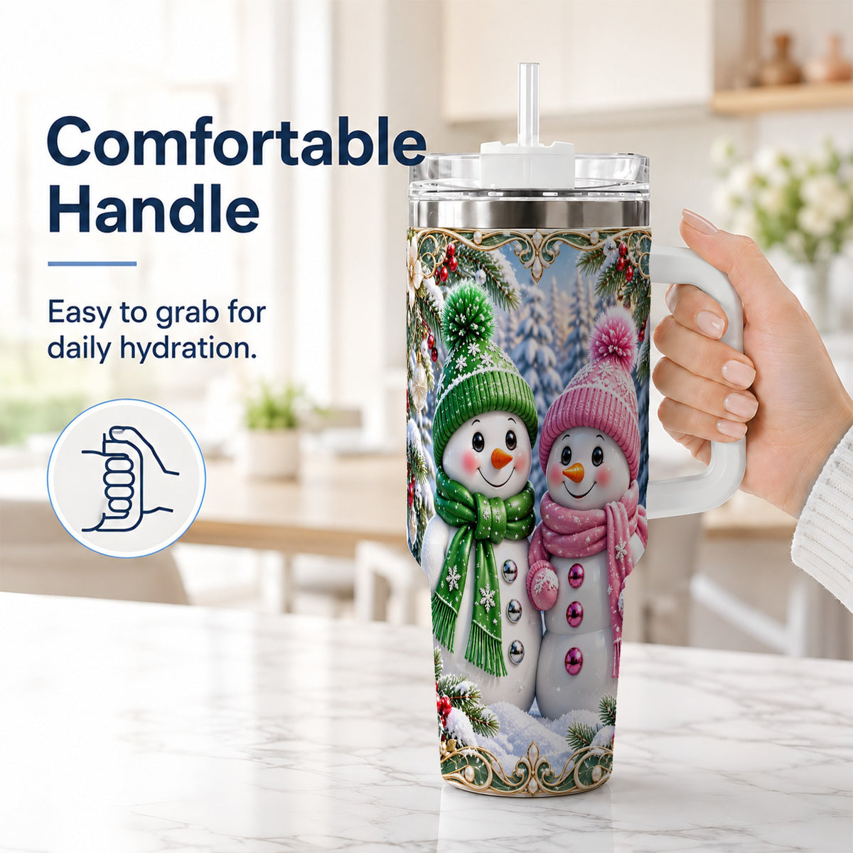 #pl[40oz|White] Snowman Couple 40oz Tumbler with Handle, Winter Stainless Steel Cup