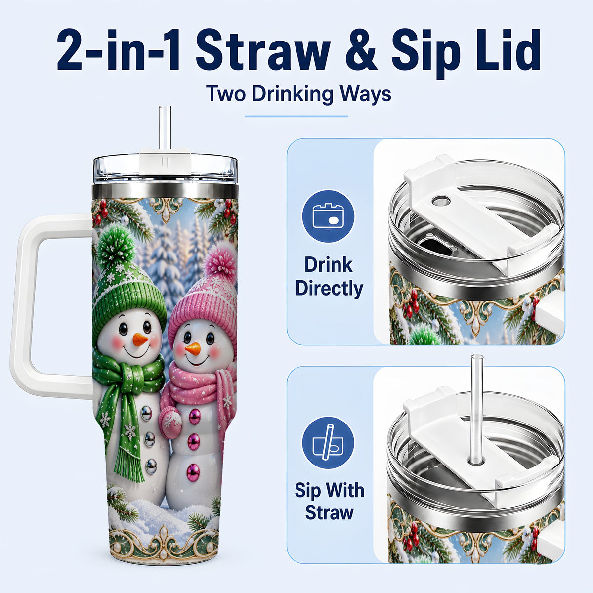 #pl[40oz|White] Snowman Couple 40oz Tumbler with Handle, Winter Stainless Steel Cup
