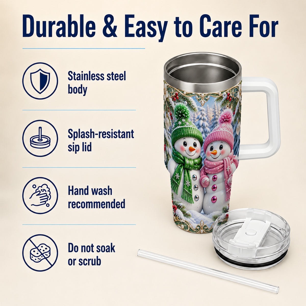 #pl[40oz|White] Snowman Couple 40oz Tumbler with Handle, Winter Stainless Steel Cup