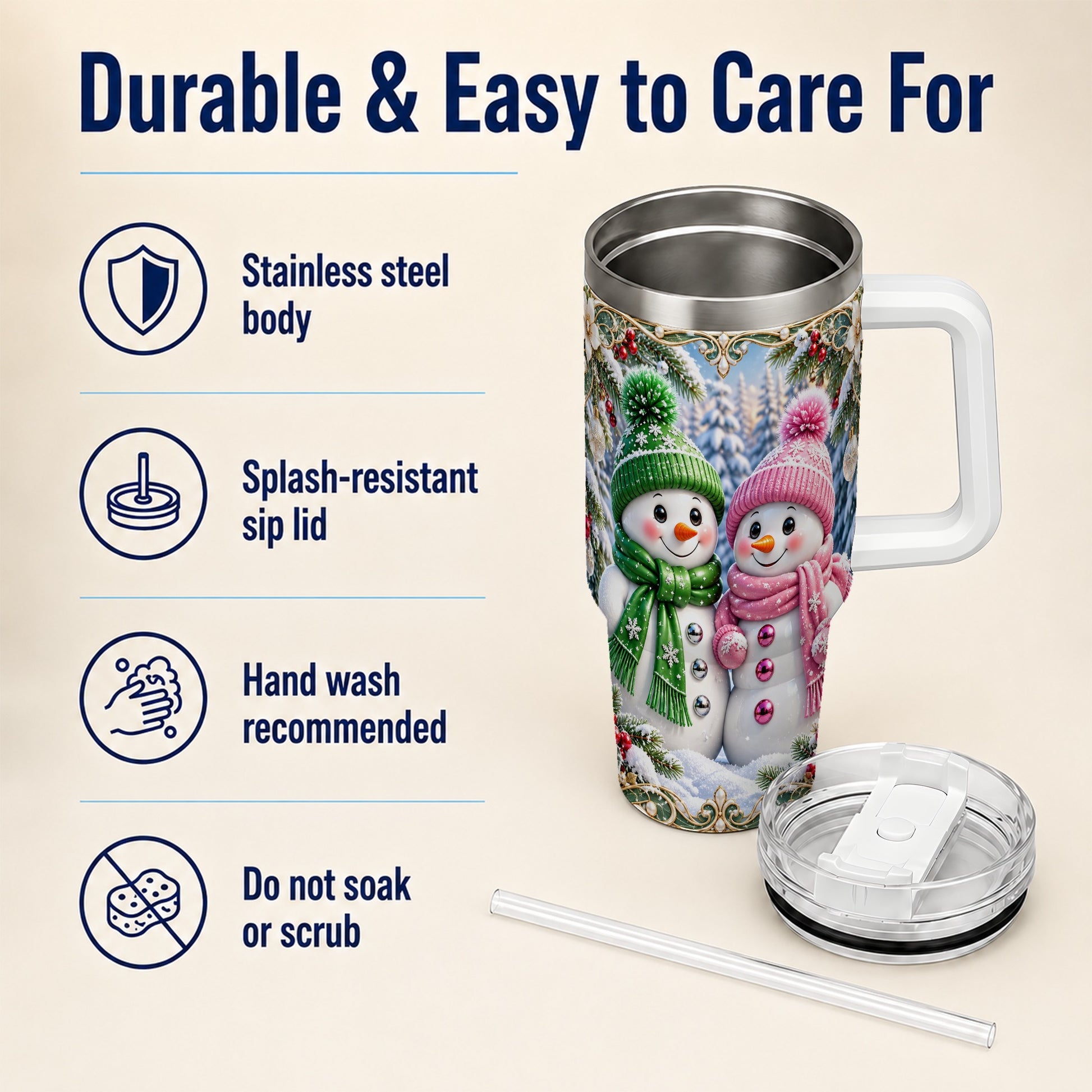 #pl[40oz|White] Snowman Couple 40oz Tumbler with Handle, Winter Stainless Steel Cup