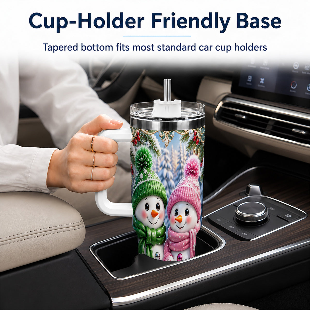 #pl[40oz|White] Snowman Couple 40oz Tumbler with Handle, Winter Stainless Steel Cup