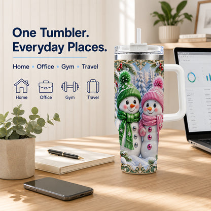 #pl[40oz|White] Snowman Couple 40oz Tumbler with Handle, Winter Stainless Steel Cup