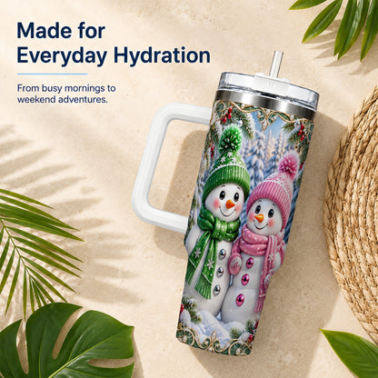 #pl[40oz|White] Snowman Couple 40oz Tumbler with Handle, Winter Stainless Steel Cup