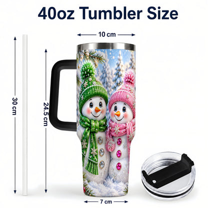 #pl[40oz|Black] Snowman Couple 40oz Tumbler with Handle, Winter Stainless Steel Cup