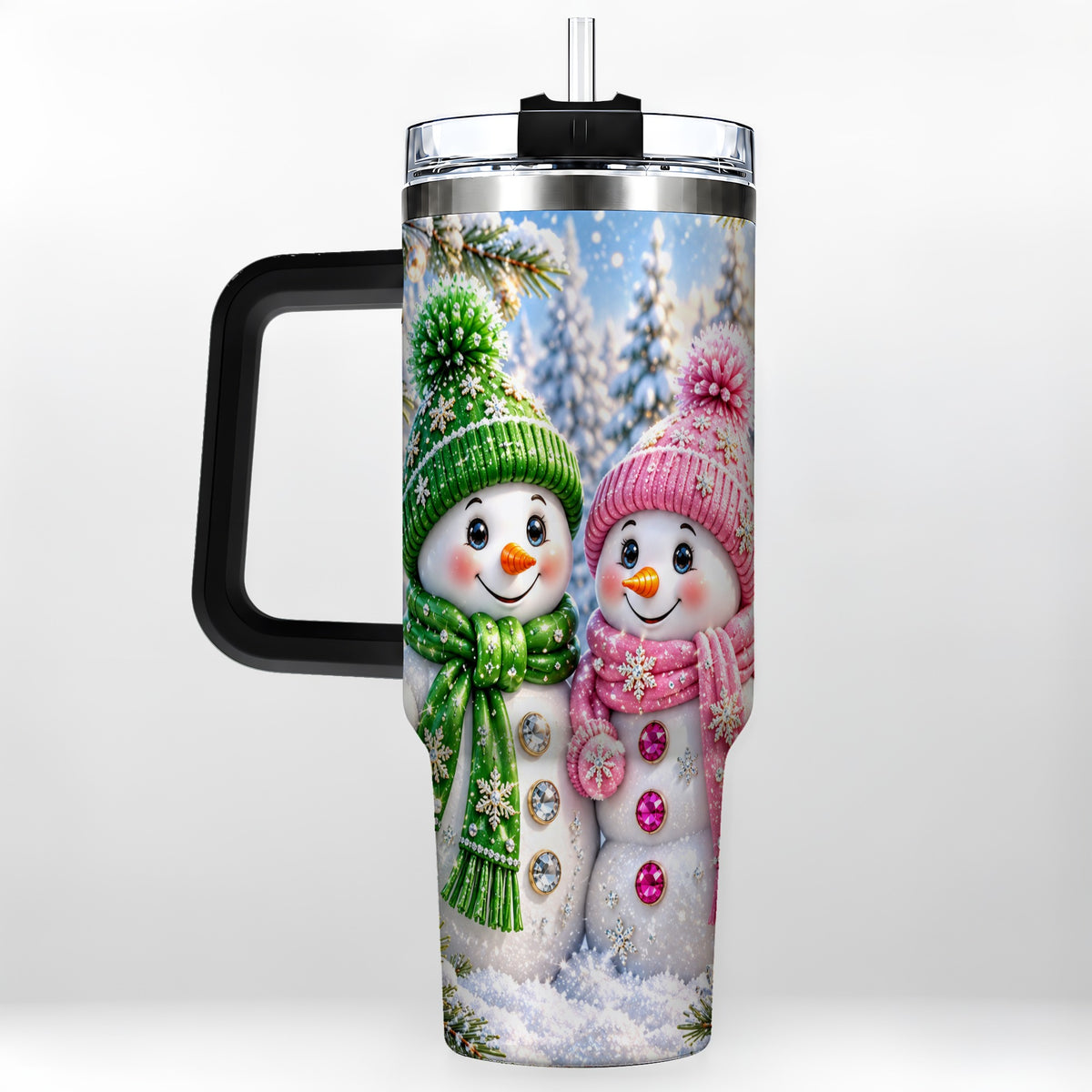 #pl[40oz|Black] Snowman Couple 40oz Tumbler with Handle, Winter Stainless Steel Cup