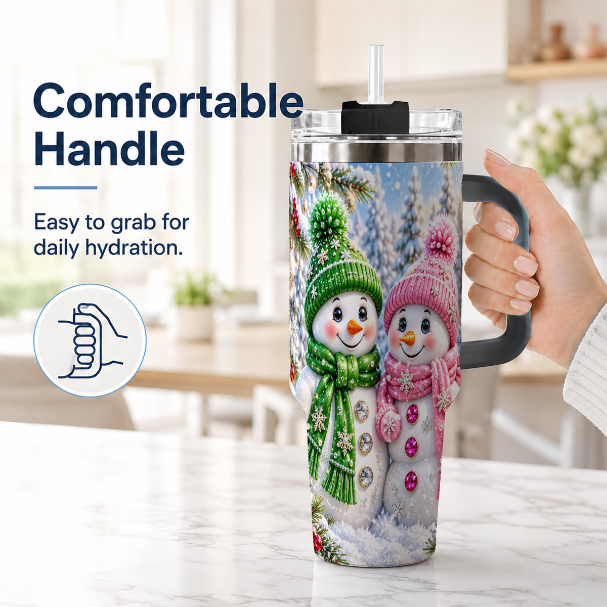#pl[40oz|Black] Snowman Couple 40oz Tumbler with Handle, Winter Stainless Steel Cup