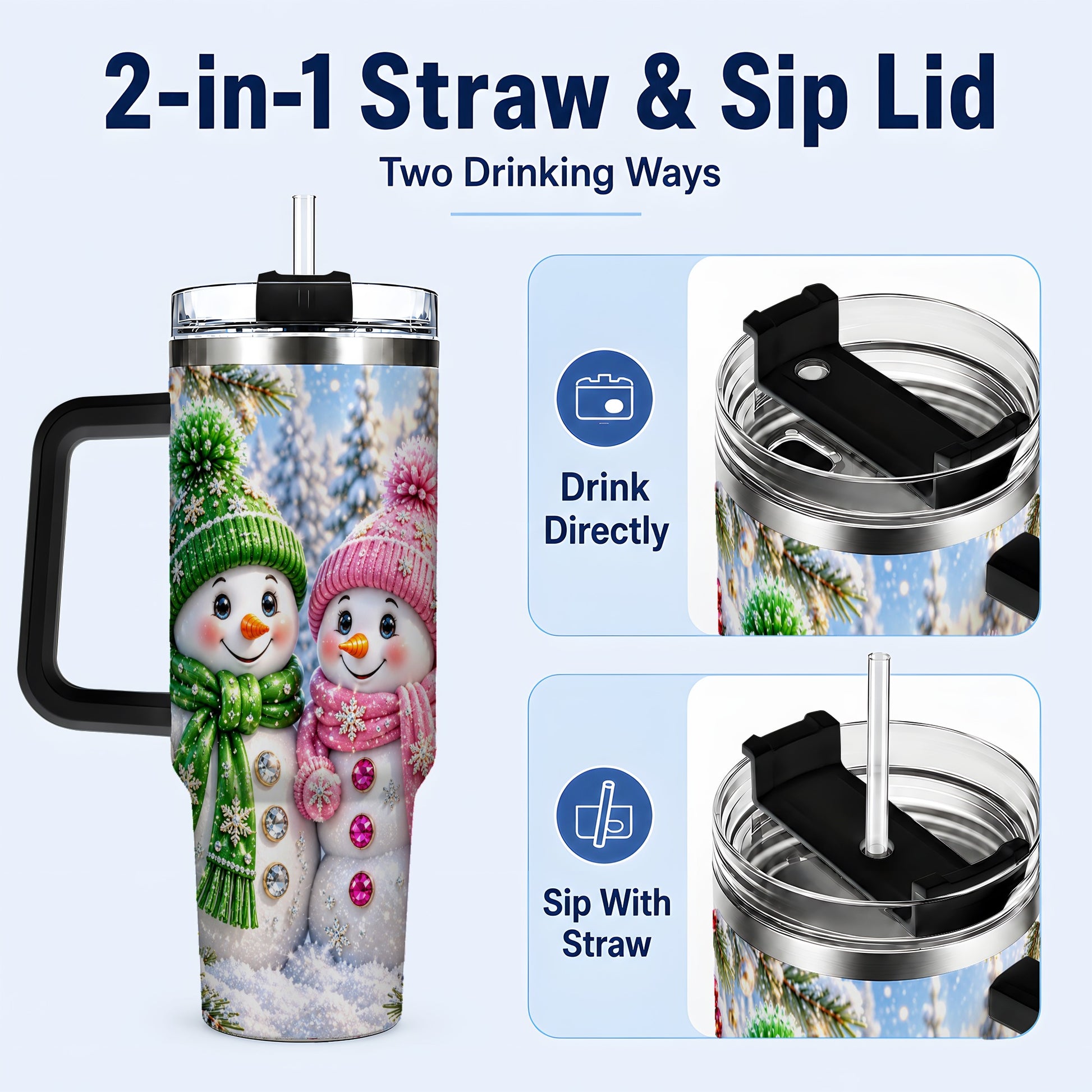#pl[40oz|Black] Snowman Couple 40oz Tumbler with Handle, Winter Stainless Steel Cup