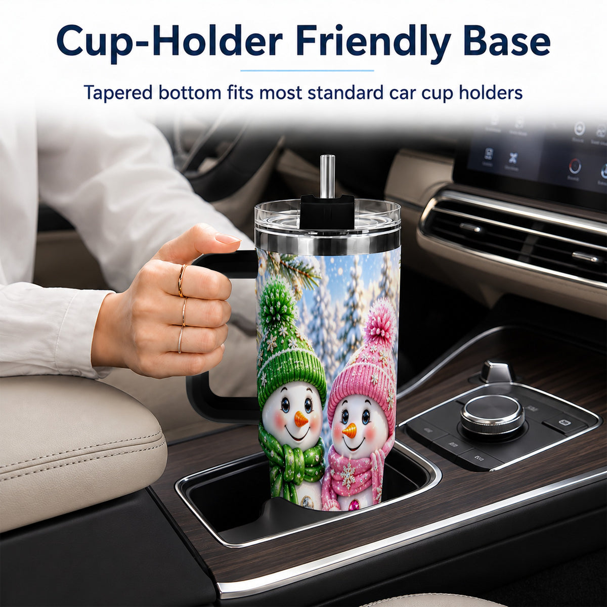 #pl[40oz|Black] Snowman Couple 40oz Tumbler with Handle, Winter Stainless Steel Cup