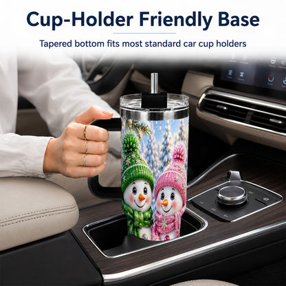 #pl[40oz|Black] Snowman Couple 40oz Tumbler with Handle, Winter Stainless Steel Cup