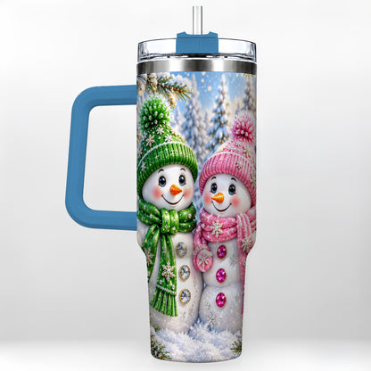 #pl[40oz|Blue] Snowman Couple 40oz Tumbler with Handle, Winter Stainless Steel Cup