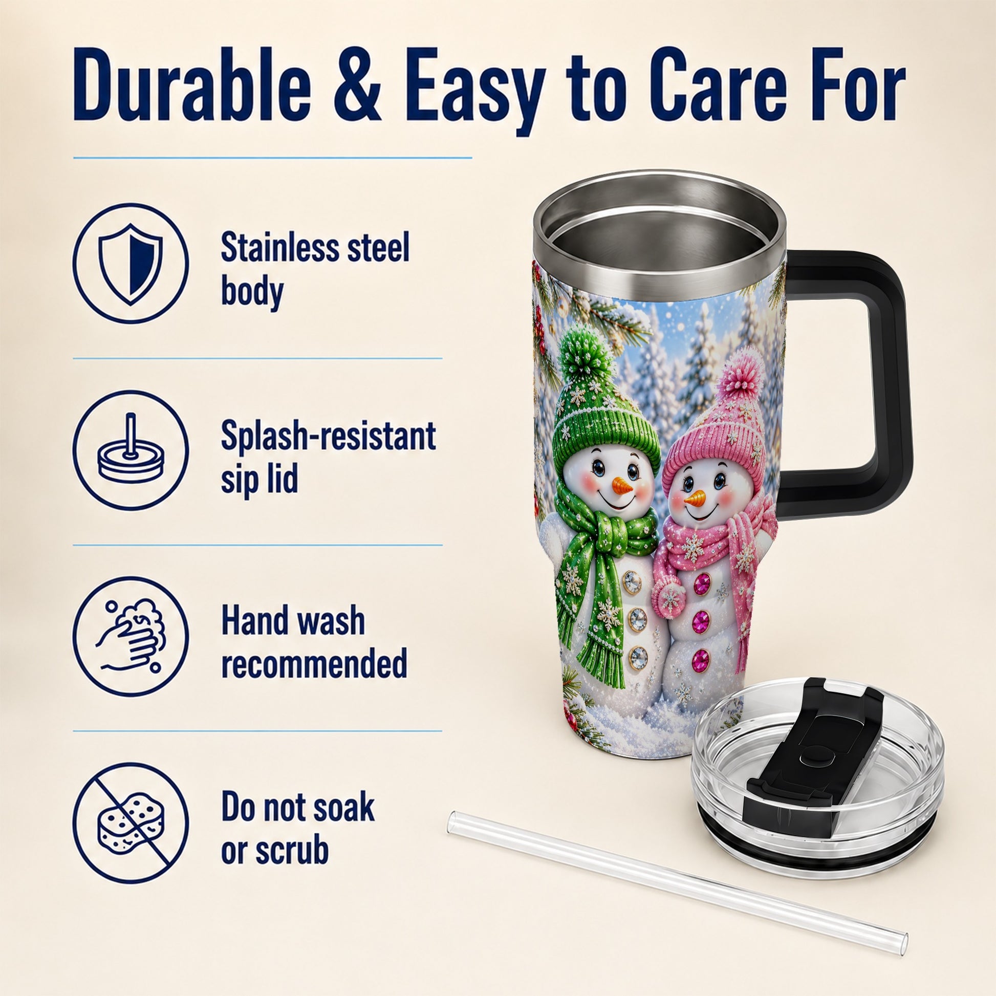 #pl[40oz|Black] Snowman Couple 40oz Tumbler with Handle, Winter Stainless Steel Cup