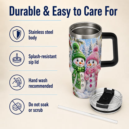 #pl[40oz|Black] Snowman Couple 40oz Tumbler with Handle, Winter Stainless Steel Cup