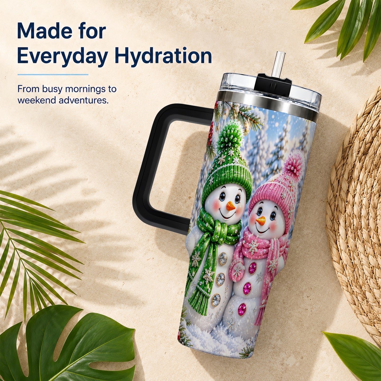 #pl[40oz|Black] Snowman Couple 40oz Tumbler with Handle, Winter Stainless Steel Cup