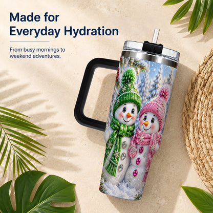 #pl[40oz|Black] Snowman Couple 40oz Tumbler with Handle, Winter Stainless Steel Cup