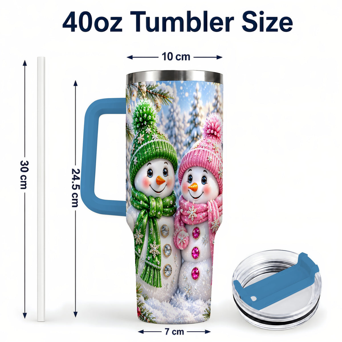 #pl[40oz|Blue] Snowman Couple 40oz Tumbler with Handle, Winter Stainless Steel Cup