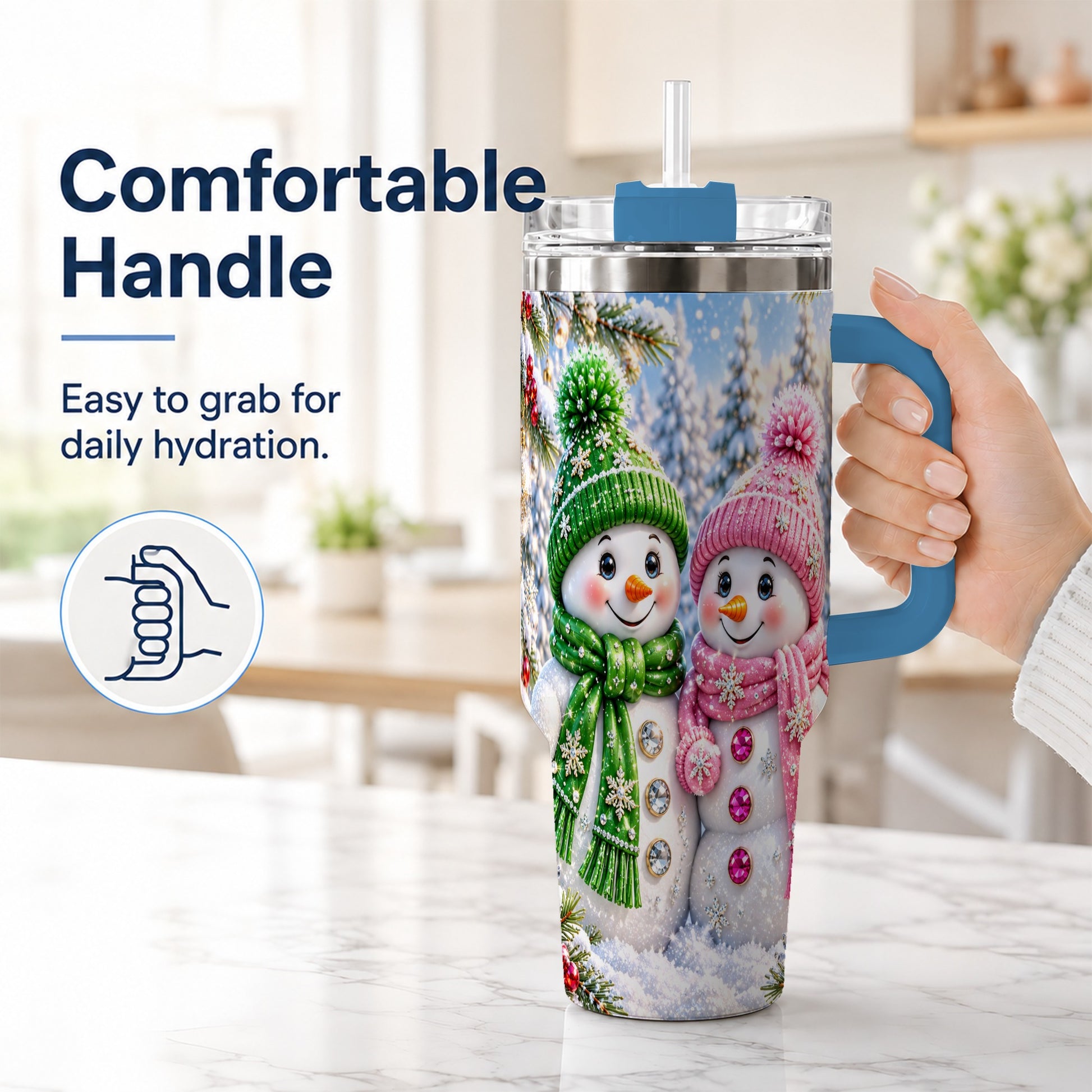 #pl[40oz|Blue] Snowman Couple 40oz Tumbler with Handle, Winter Stainless Steel Cup