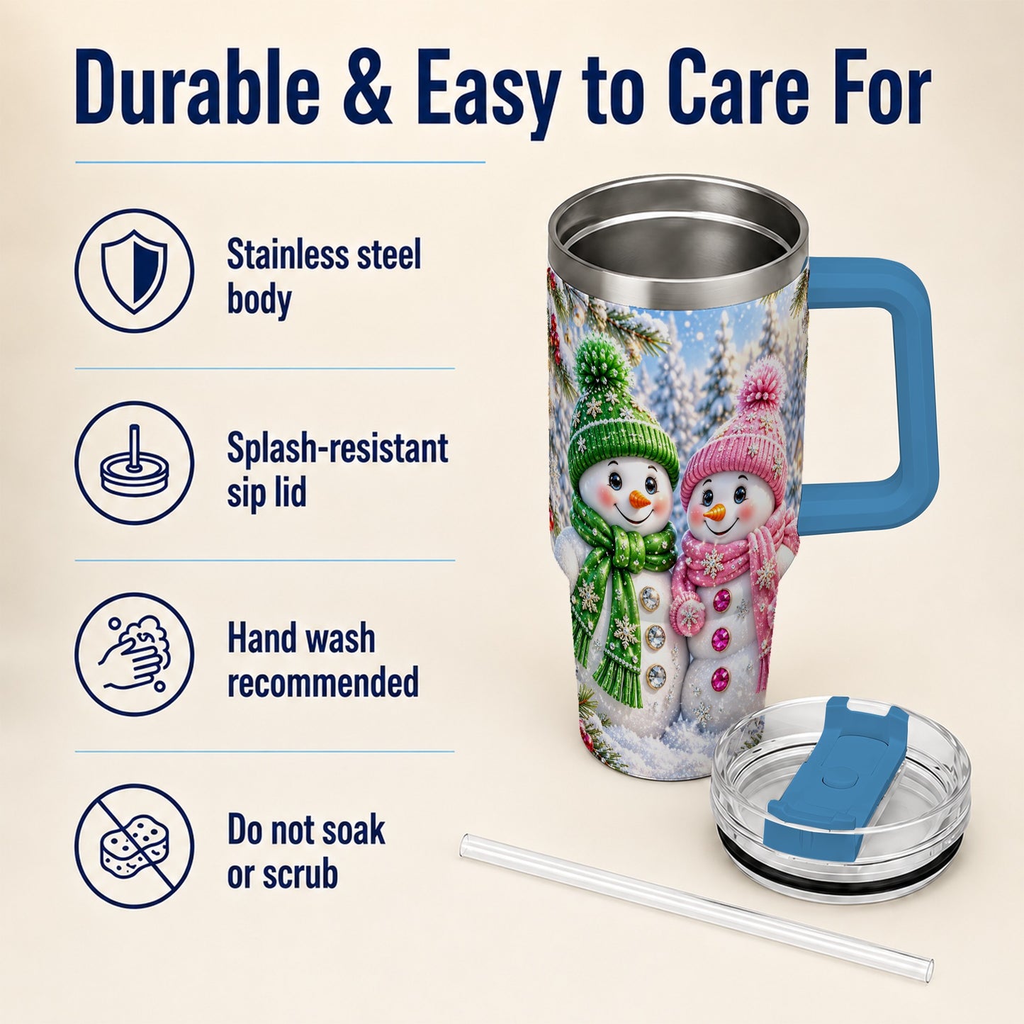 #pl[40oz|Blue] Snowman Couple 40oz Tumbler with Handle, Winter Stainless Steel Cup