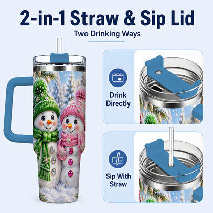 #pl[40oz|Blue] Snowman Couple 40oz Tumbler with Handle, Winter Stainless Steel Cup