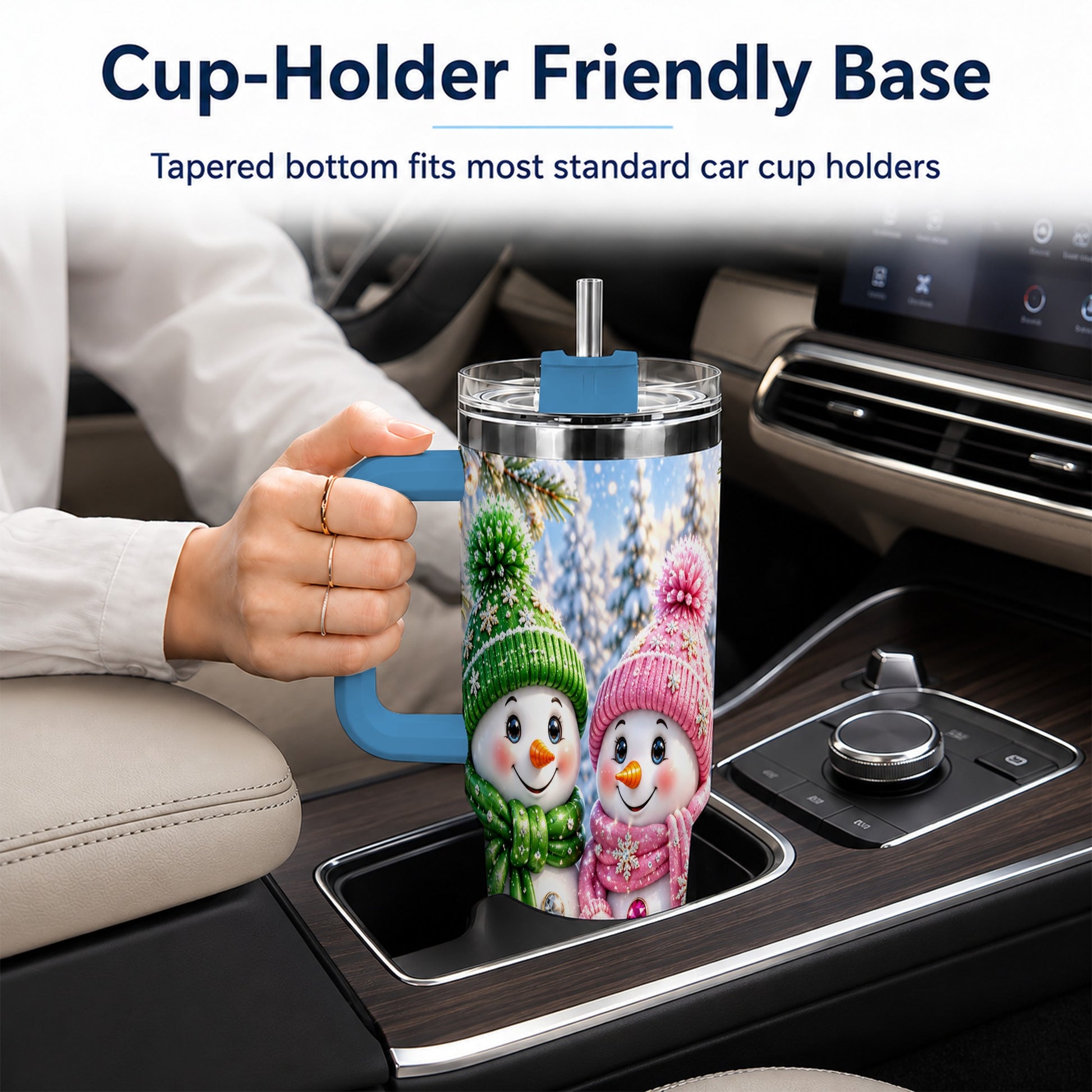 #pl[40oz|Blue] Snowman Couple 40oz Tumbler with Handle, Winter Stainless Steel Cup