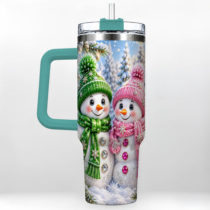 #pl[40oz|Green] Snowman Couple 40oz Tumbler with Handle, Winter Stainless Steel Cup