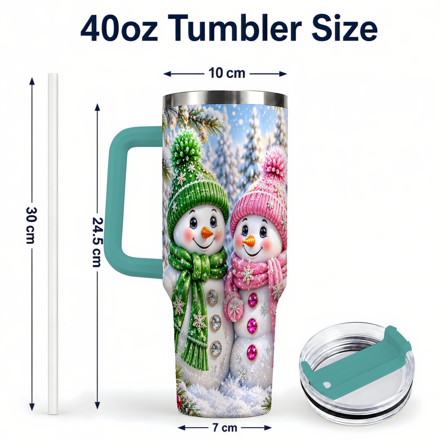 #pl[40oz|Green] Snowman Couple 40oz Tumbler with Handle, Winter Stainless Steel Cup
