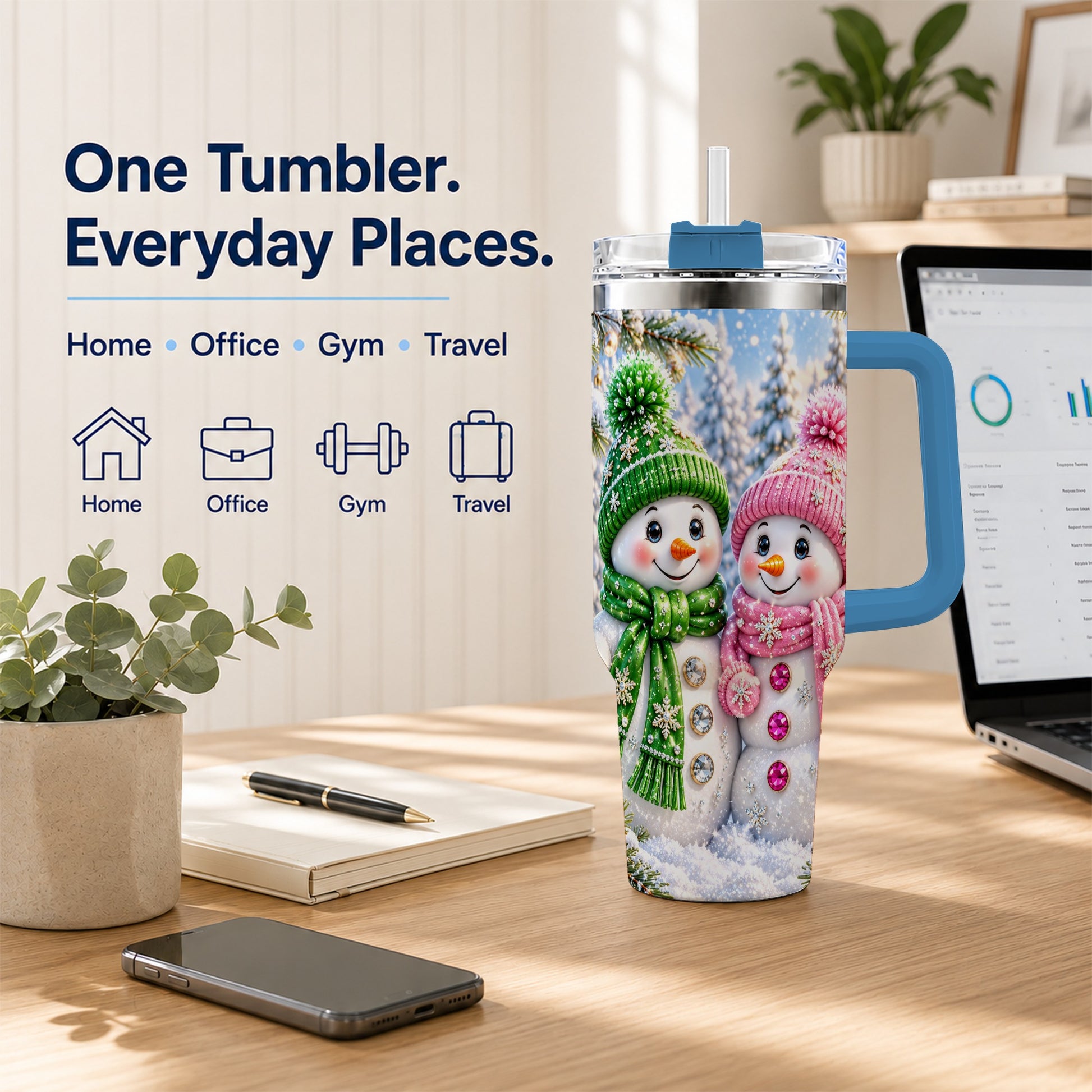 #pl[40oz|Blue] Snowman Couple 40oz Tumbler with Handle, Winter Stainless Steel Cup