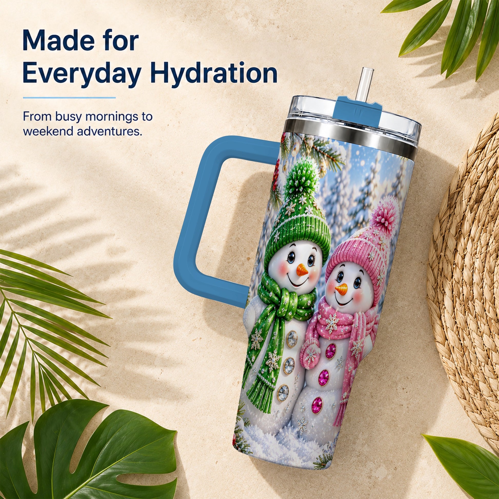 #pl[40oz|Blue] Snowman Couple 40oz Tumbler with Handle, Winter Stainless Steel Cup