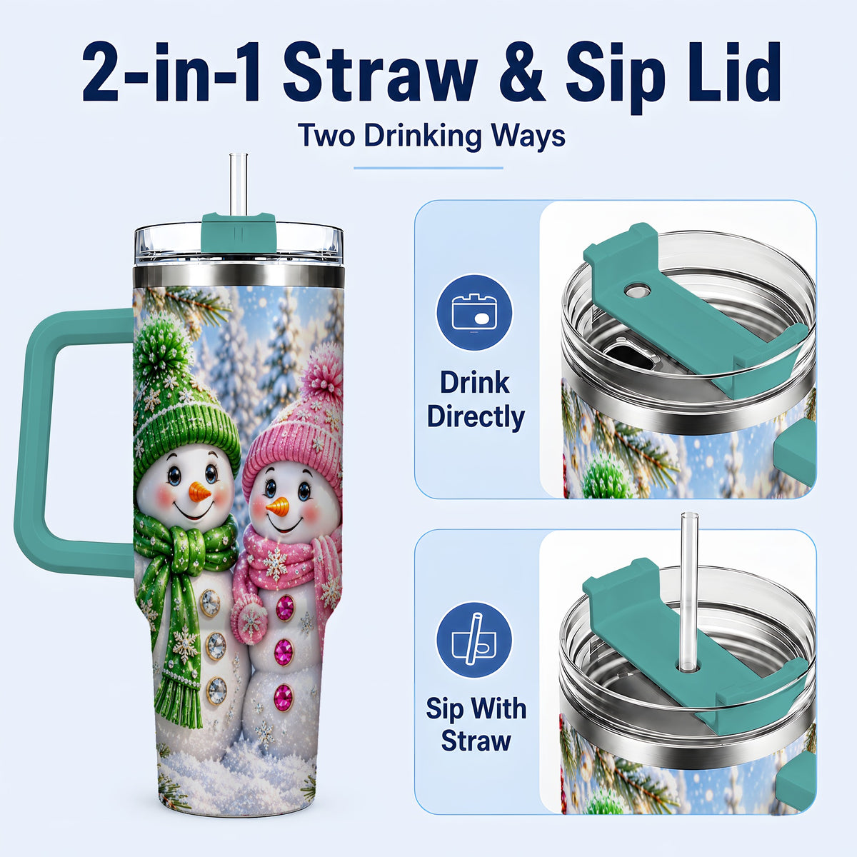 #pl[40oz|Green] Snowman Couple 40oz Tumbler with Handle, Winter Stainless Steel Cup