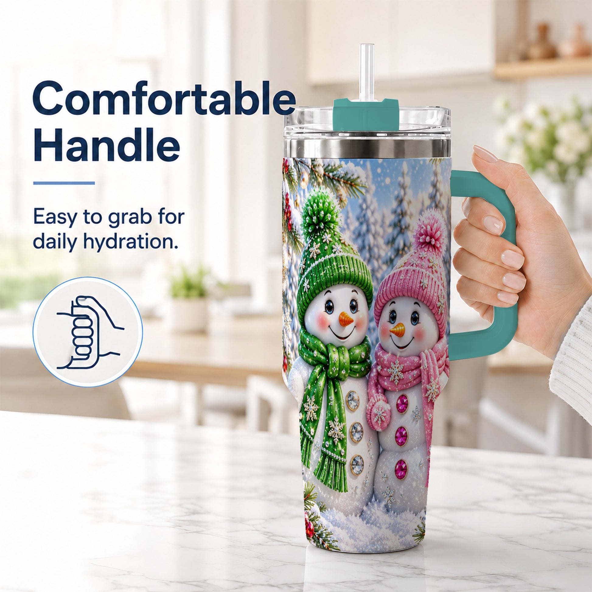 #pl[40oz|Green] Snowman Couple 40oz Tumbler with Handle, Winter Stainless Steel Cup