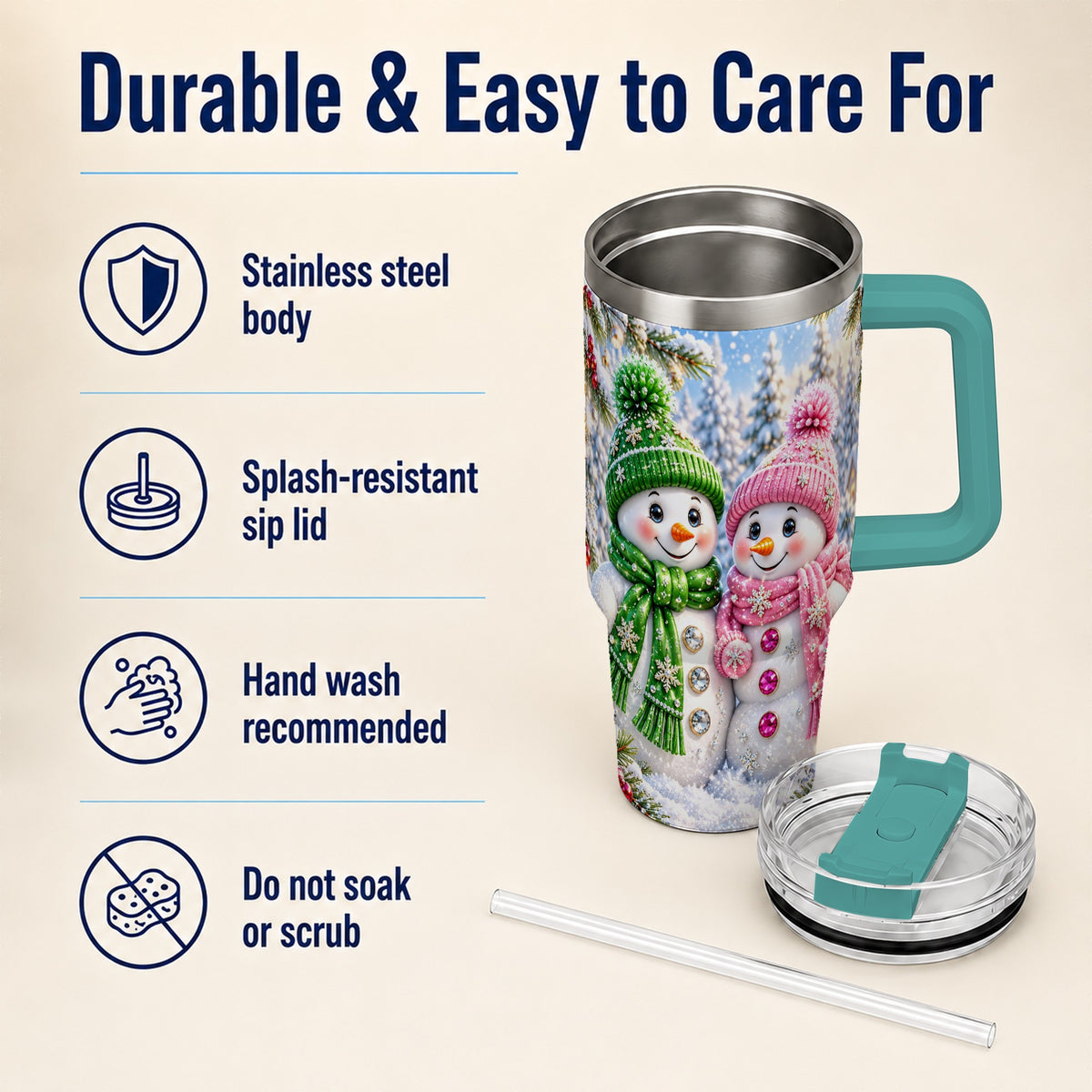 #pl[40oz|Green] Snowman Couple 40oz Tumbler with Handle, Winter Stainless Steel Cup