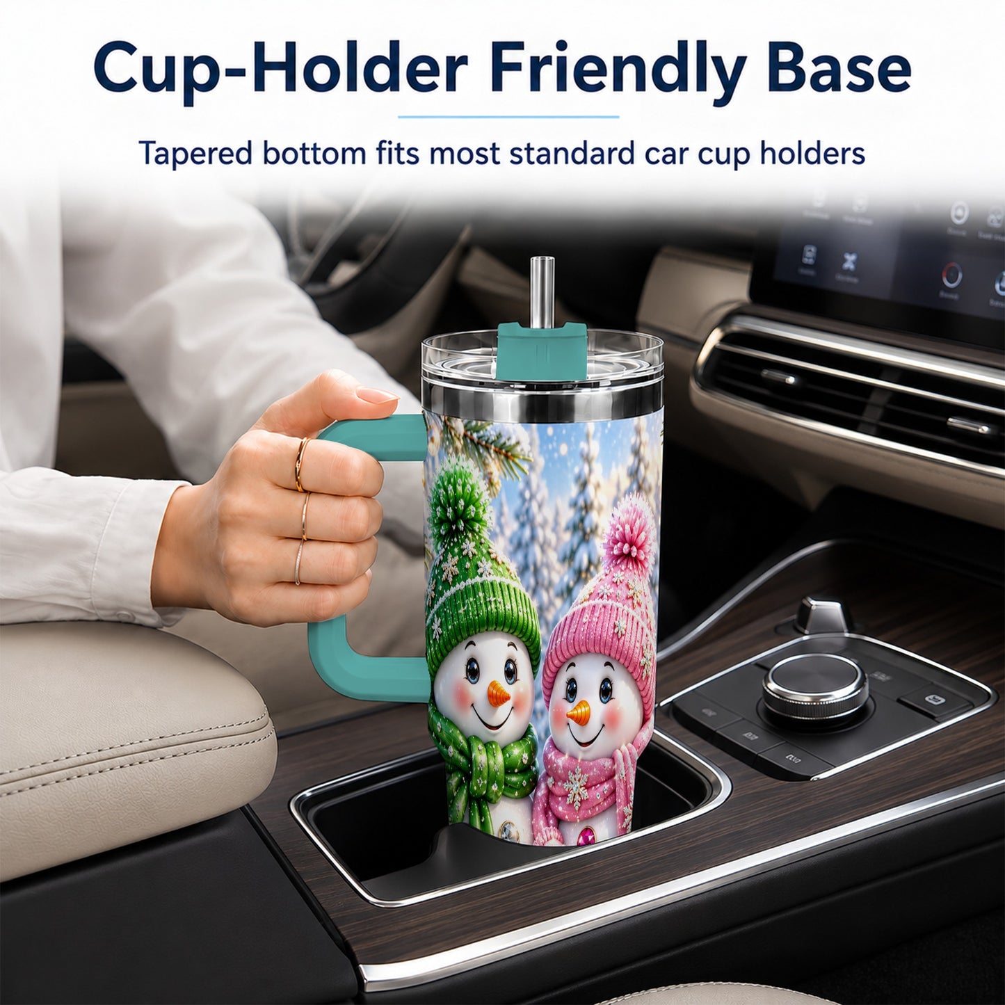 #pl[40oz|Green] Snowman Couple 40oz Tumbler with Handle, Winter Stainless Steel Cup