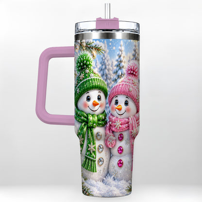 #pl[40oz|Pink] Snowman Couple 40oz Tumbler with Handle, Winter Stainless Steel Cup