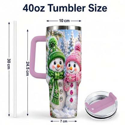 #pl[40oz|Pink] Snowman Couple 40oz Tumbler with Handle, Winter Stainless Steel Cup