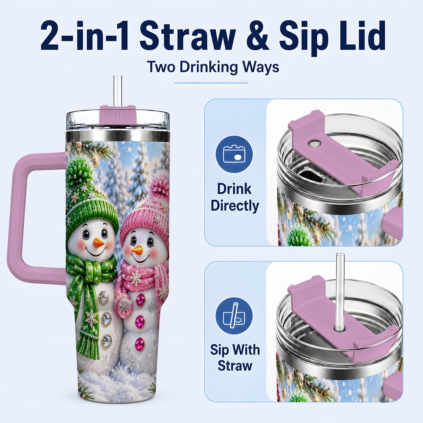 #pl[40oz|Pink] Snowman Couple 40oz Tumbler with Handle, Winter Stainless Steel Cup