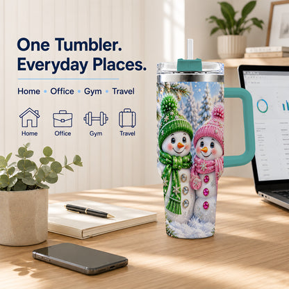 #pl[40oz|Green] Snowman Couple 40oz Tumbler with Handle, Winter Stainless Steel Cup