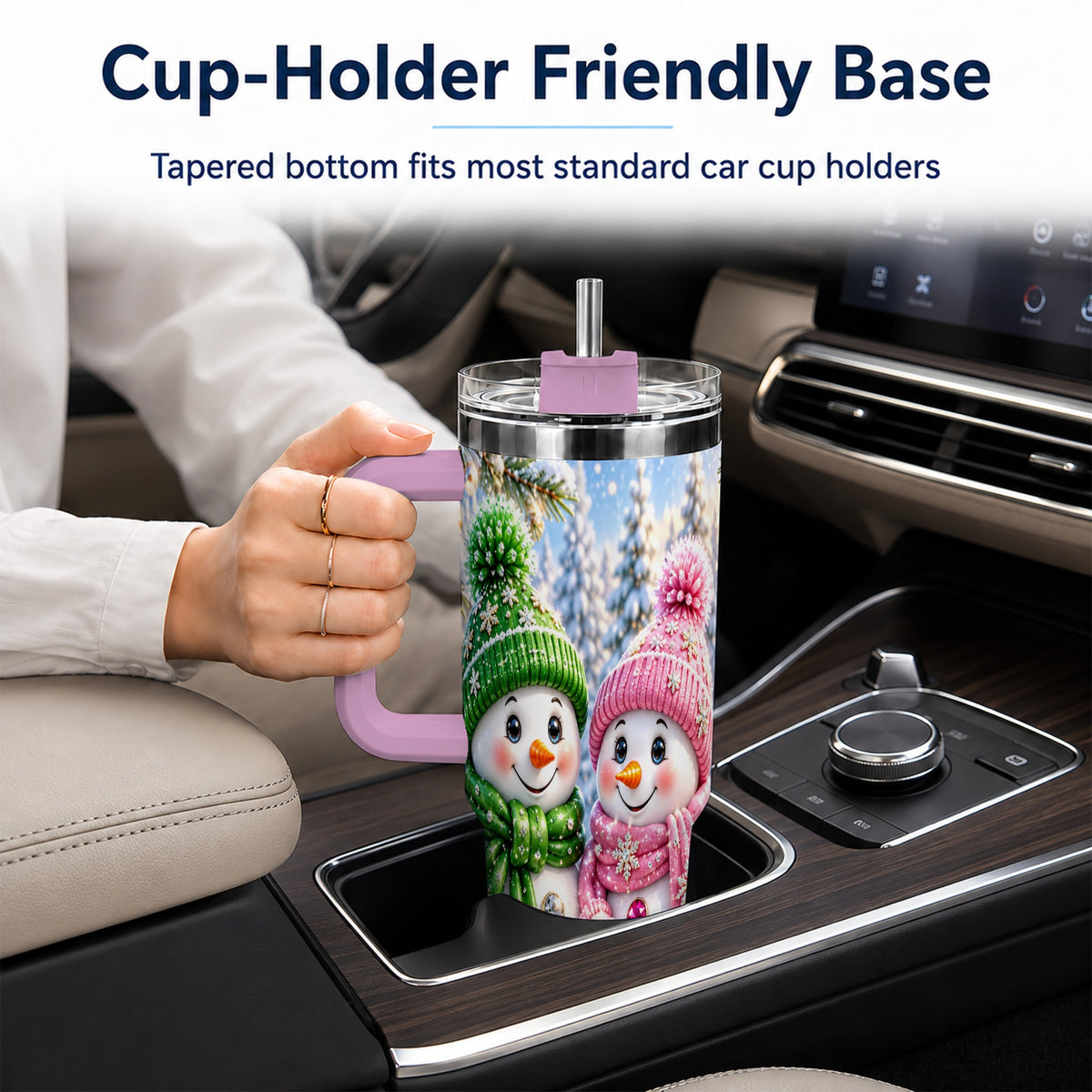 #pl[40oz|Pink] Snowman Couple 40oz Tumbler with Handle, Winter Stainless Steel Cup
