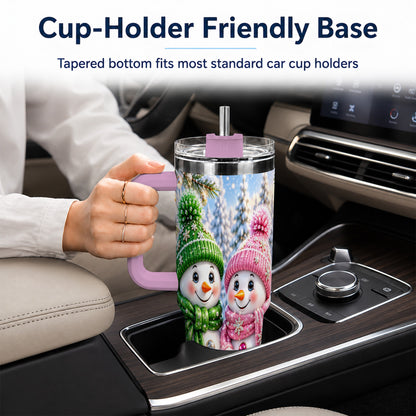 #pl[40oz|Pink] Snowman Couple 40oz Tumbler with Handle, Winter Stainless Steel Cup